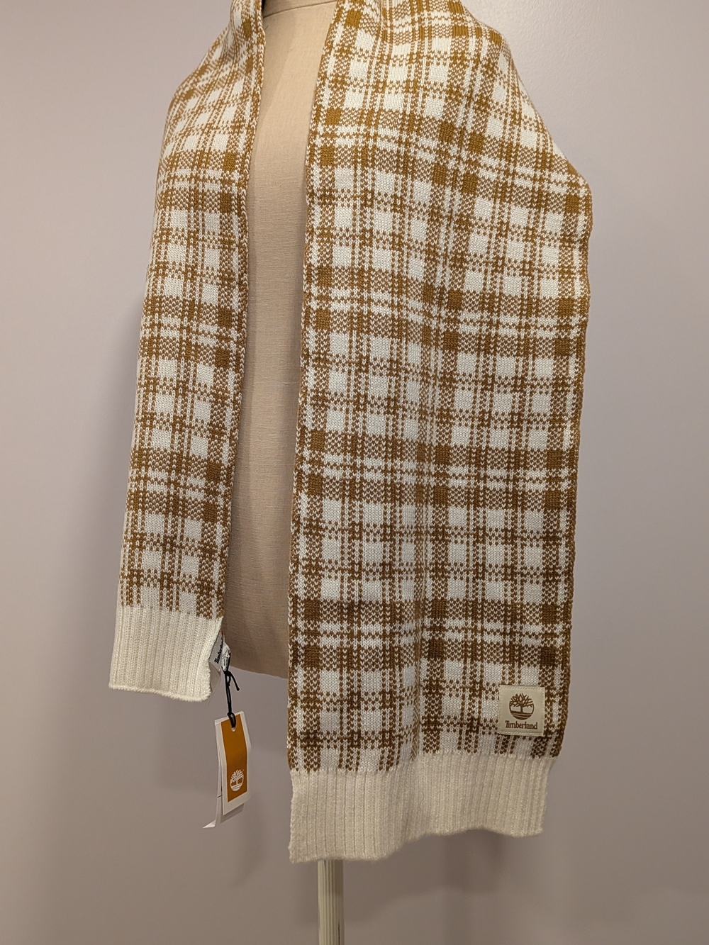 NWT Timberland Mustard Yellow & White Knit Scarf | Unisex Cozy Streetwear
